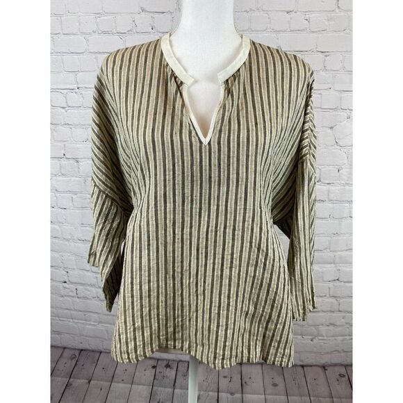 VLAS BLOMME linen striped kimono boho lagenlook tunic blouse size F Japan NWOT - Picture 1 of 10